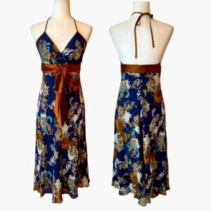 maxi dress 100% silk for resort wear party blue brown halter 8 max and Cleo